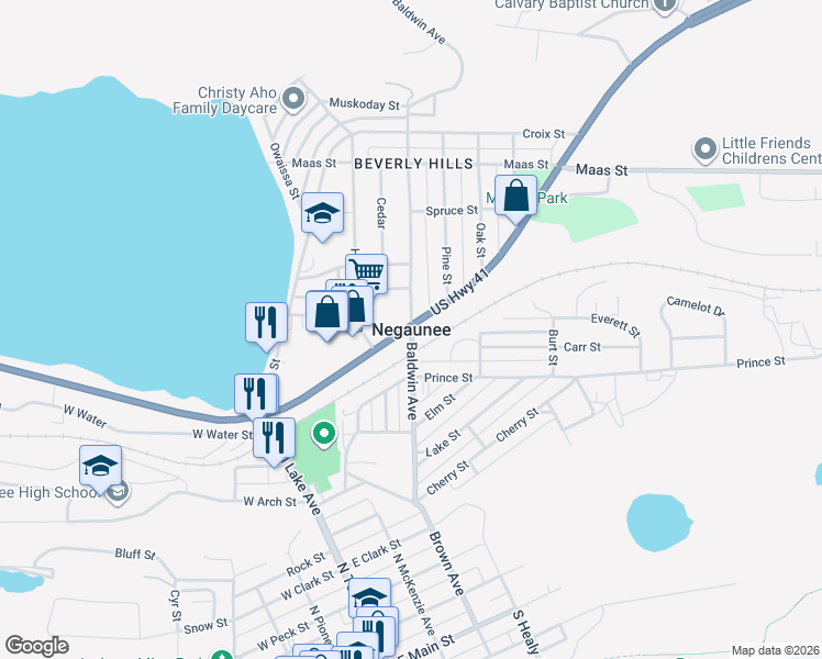 map of restaurants, bars, coffee shops, grocery stores, and more near in Negaunee