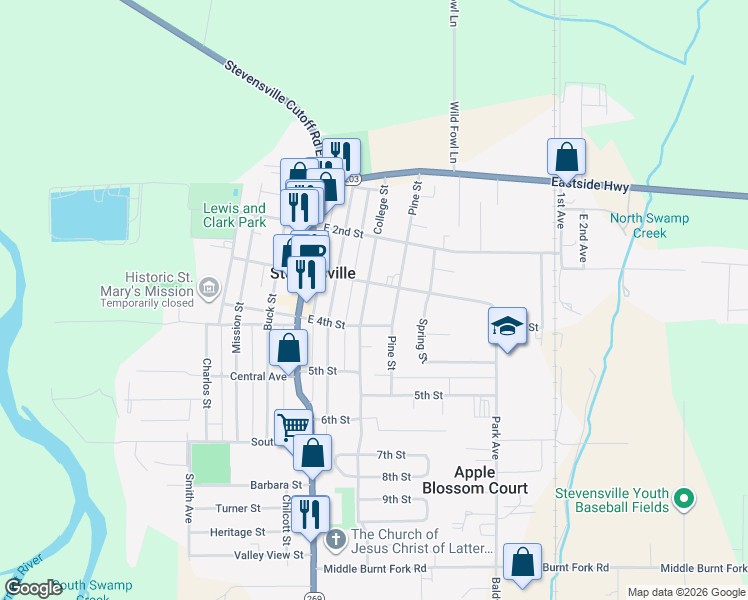 map of restaurants, bars, coffee shops, grocery stores, and more near 306 College Street in Stevensville