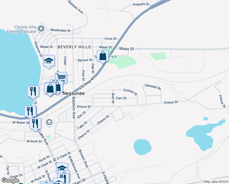 map of restaurants, bars, coffee shops, grocery stores, and more near 808 Burt Street in Negaunee