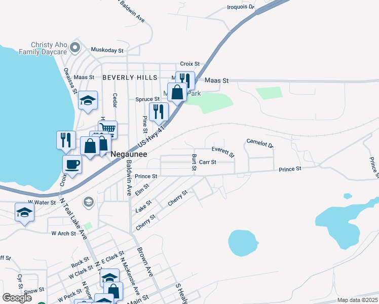 map of restaurants, bars, coffee shops, grocery stores, and more near 808 Burt Street in Negaunee