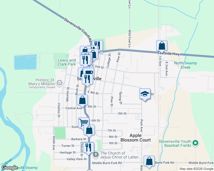 map of restaurants, bars, coffee shops, grocery stores, and more near 306 College Street in Stevensville