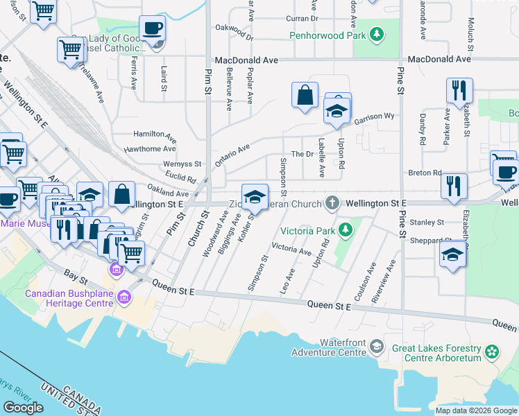 map of restaurants, bars, coffee shops, grocery stores, and more near 951 Wellington Street East in Sault Ste. Marie