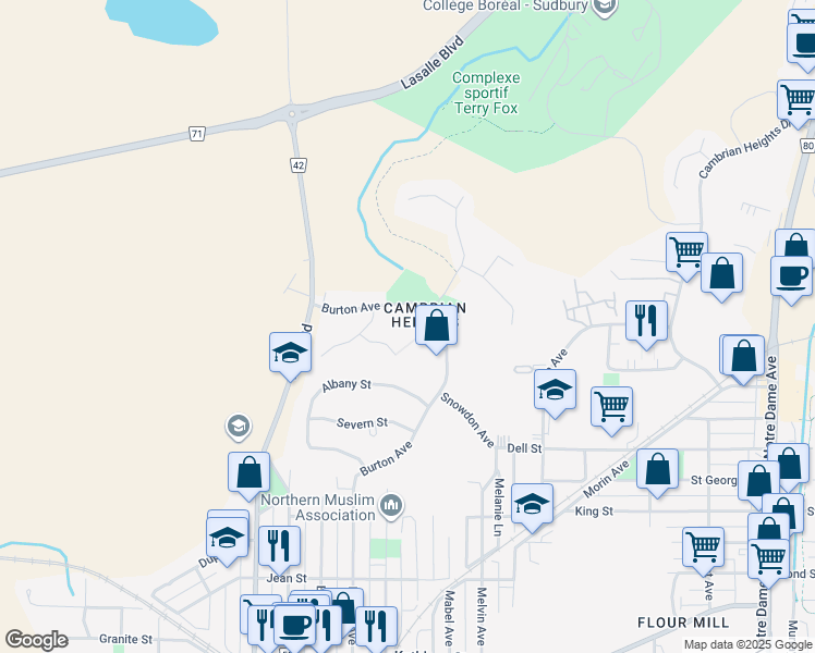 map of restaurants, bars, coffee shops, grocery stores, and more near 44 Humber Court in Sudbury