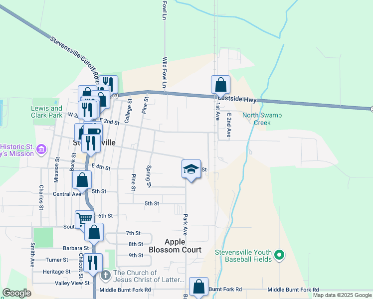 map of restaurants, bars, coffee shops, grocery stores, and more near 526 East 3rd Street in Stevensville
