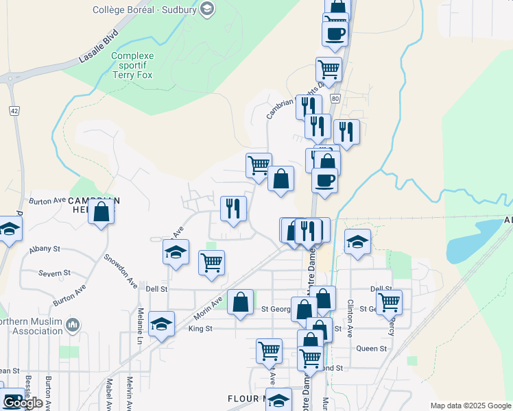 map of restaurants, bars, coffee shops, grocery stores, and more near 720 Cambrian Heights Drive in Sudbury