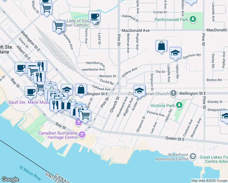 map of restaurants, bars, coffee shops, grocery stores, and more near in Sault Ste. Marie