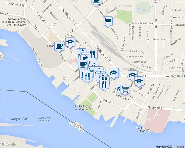map of restaurants, bars, coffee shops, grocery stores, and more near 536 Queen Street East in Sault Ste. Marie