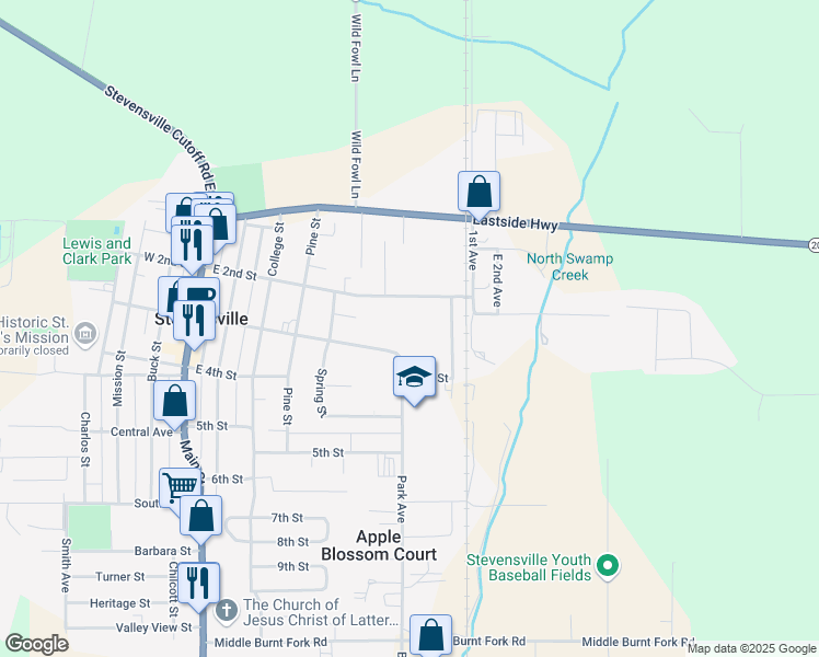 map of restaurants, bars, coffee shops, grocery stores, and more near 526 East 3rd Street in Stevensville