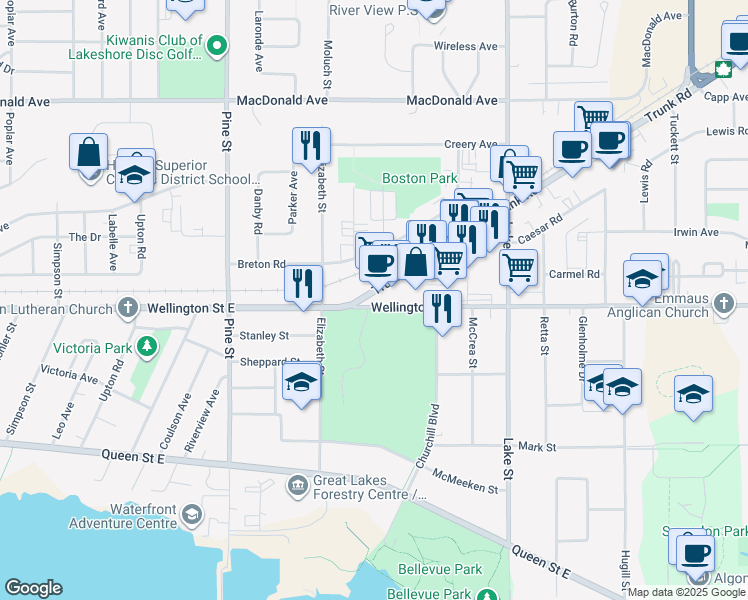 map of restaurants, bars, coffee shops, grocery stores, and more near 3 Trunk Road in Sault Ste. Marie