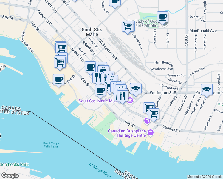 map of restaurants, bars, coffee shops, grocery stores, and more near 536 Queen Street East in Sault Ste. Marie