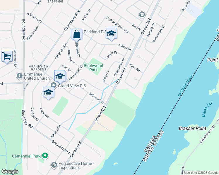 map of restaurants, bars, coffee shops, grocery stores, and more near 9 Lorna Drive in Sault Ste. Marie