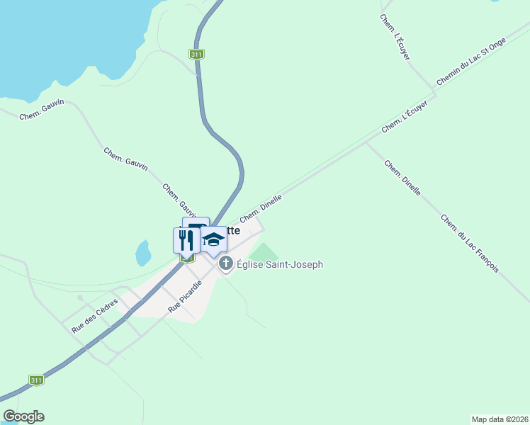 map of restaurants, bars, coffee shops, grocery stores, and more near 224 Chemin Dinelle in Lac-des-Écorces