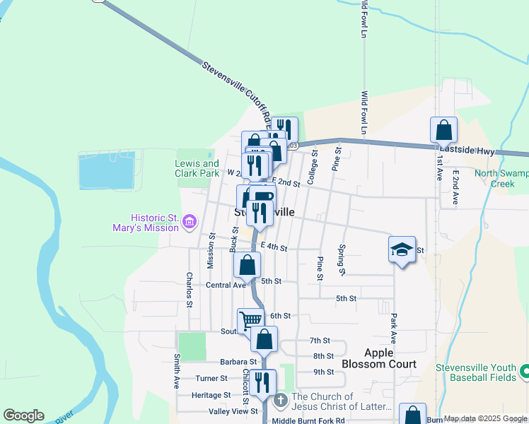map of restaurants, bars, coffee shops, grocery stores, and more near in Stevensville