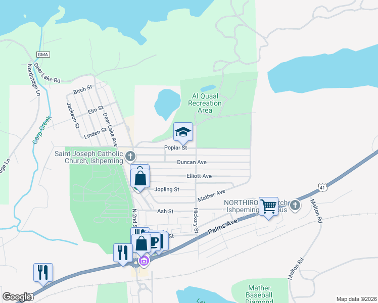 map of restaurants, bars, coffee shops, grocery stores, and more near Hickory St in Ishpeming Township