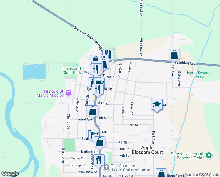 map of restaurants, bars, coffee shops, grocery stores, and more near 218 Church Street in Stevensville
