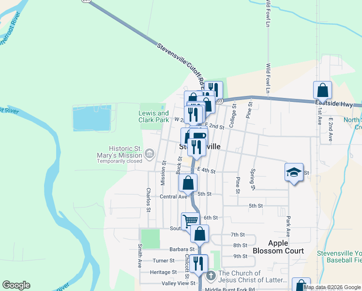 map of restaurants, bars, coffee shops, grocery stores, and more near 214 Buck Street in Stevensville