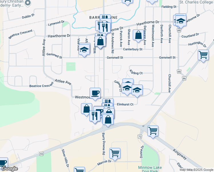 map of restaurants, bars, coffee shops, grocery stores, and more near 616 Barry Downe Road in Greater Sudbury