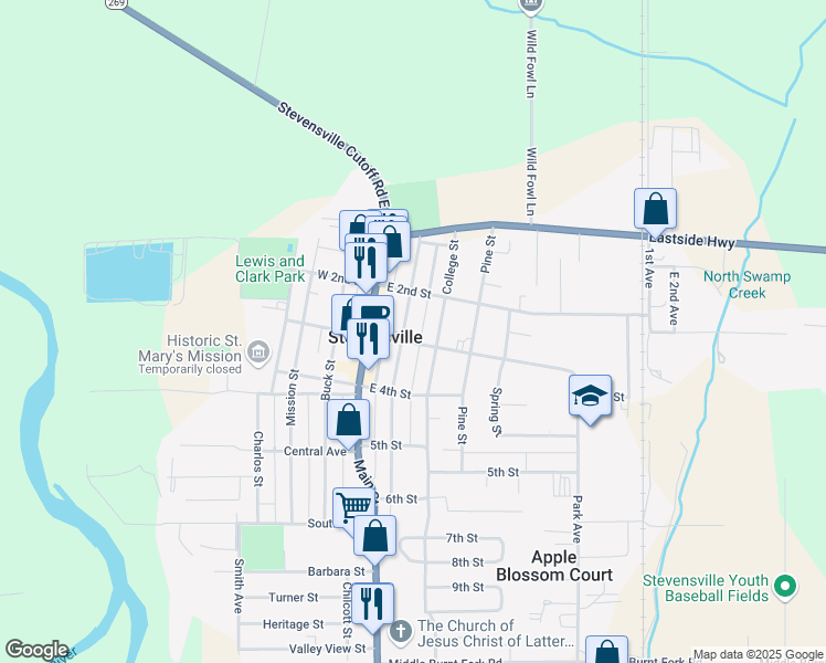 map of restaurants, bars, coffee shops, grocery stores, and more near 218 Church Street in Stevensville