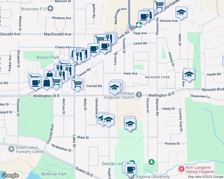 map of restaurants, bars, coffee shops, grocery stores, and more near 39 Huntington Park in Sault Ste. Marie