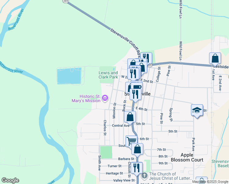 map of restaurants, bars, coffee shops, grocery stores, and more near 301 Mission Street in Stevensville