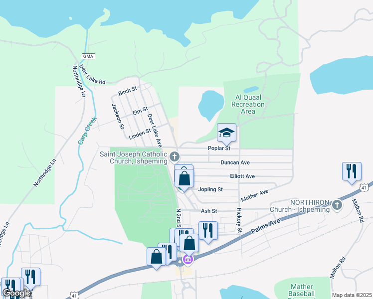 map of restaurants, bars, coffee shops, grocery stores, and more near 525 Poplar Street in Ishpeming