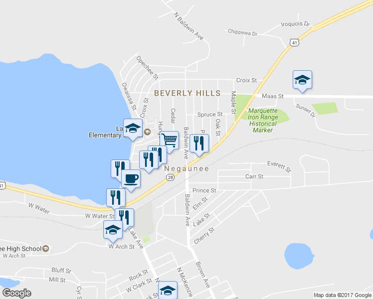 map of restaurants, bars, coffee shops, grocery stores, and more near Sheldon Street in Negaunee