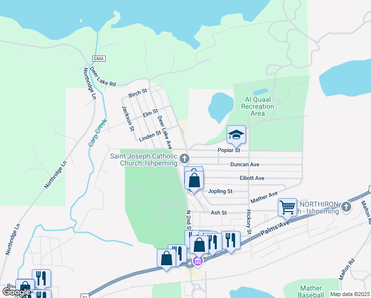 map of restaurants, bars, coffee shops, grocery stores, and more near 525 Poplar Street in Ishpeming