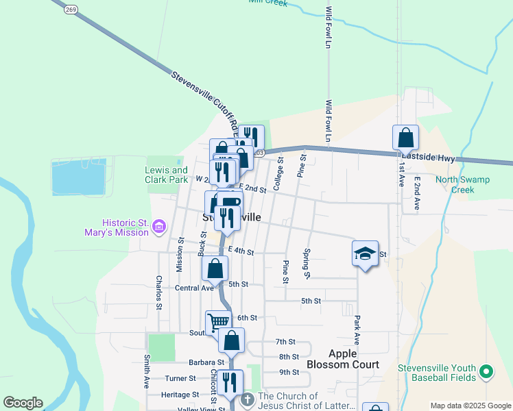 map of restaurants, bars, coffee shops, grocery stores, and more near 210 Church St in Stevensville