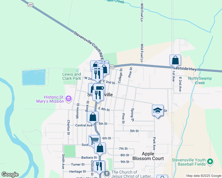 map of restaurants, bars, coffee shops, grocery stores, and more near 210 Church Street in Stevensville