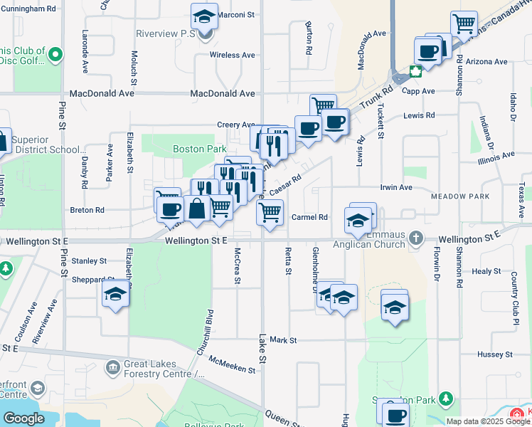 map of restaurants, bars, coffee shops, grocery stores, and more near 298 Lake Street in Sault Ste. Marie