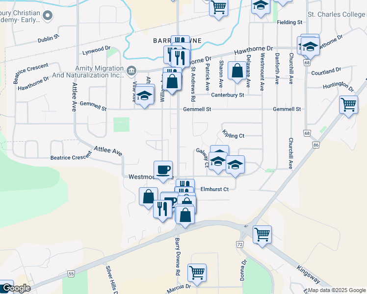 map of restaurants, bars, coffee shops, grocery stores, and more near 650 Barry Downe Road in Sudbury