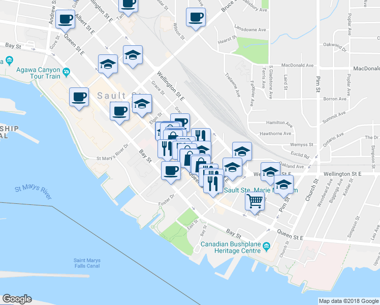 map of restaurants, bars, coffee shops, grocery stores, and more near 118 Spring Street in Sault Ste. Marie