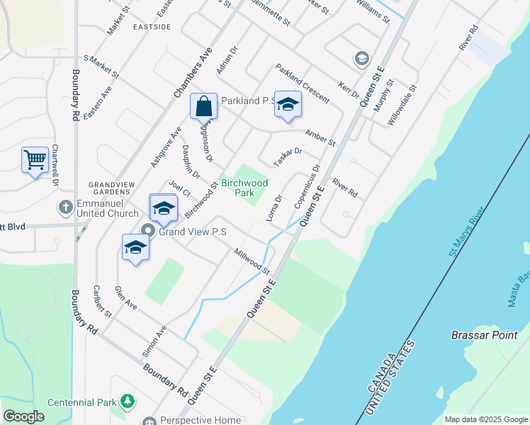 map of restaurants, bars, coffee shops, grocery stores, and more near 47 Lorna Drive in Sault Ste. Marie