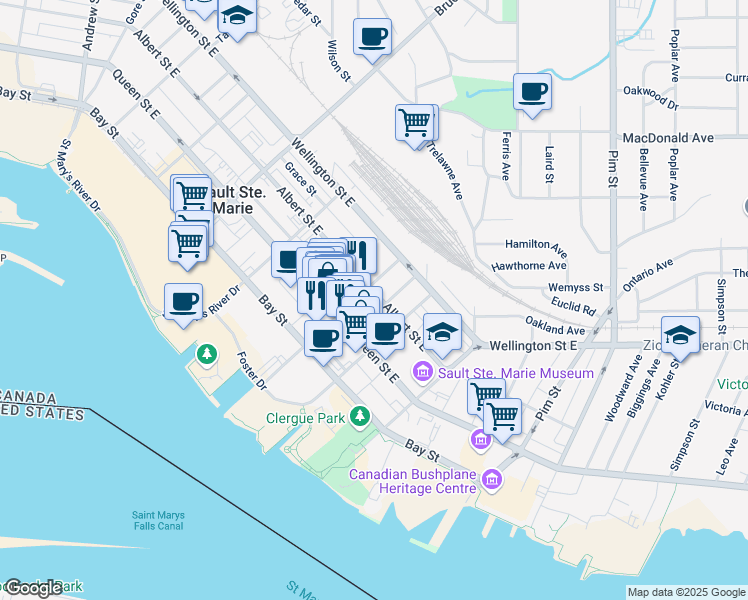 map of restaurants, bars, coffee shops, grocery stores, and more near 118 Spring Street in Sault Ste. Marie