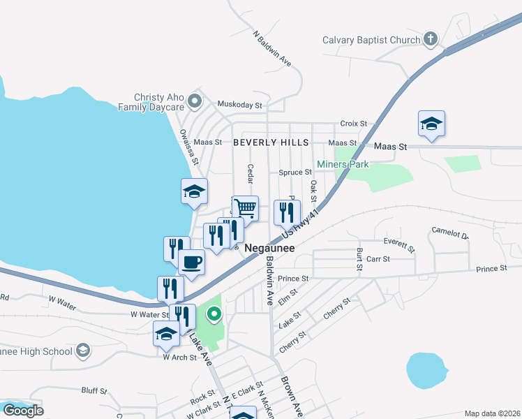 map of restaurants, bars, coffee shops, grocery stores, and more near Sheldon Street in Negaunee