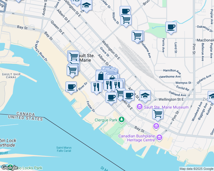 map of restaurants, bars, coffee shops, grocery stores, and more near in Sault Ste. Marie