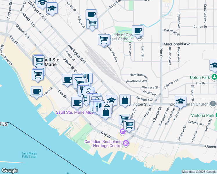 map of restaurants, bars, coffee shops, grocery stores, and more near 596 Wellington Street East in Sault Ste. Marie