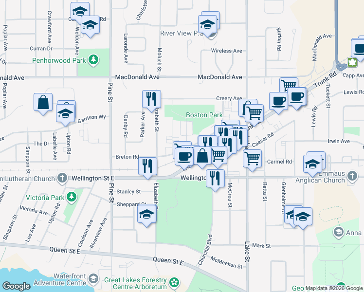 map of restaurants, bars, coffee shops, grocery stores, and more near 102 Breton Road in Sault Ste. Marie