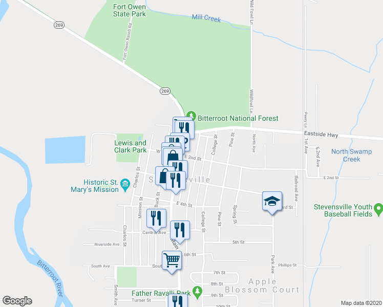 map of restaurants, bars, coffee shops, grocery stores, and more near 115 Church Street in Stevensville