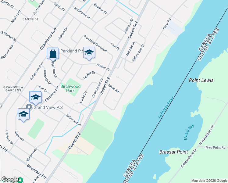 map of restaurants, bars, coffee shops, grocery stores, and more near 1 River Road in Sault Ste. Marie