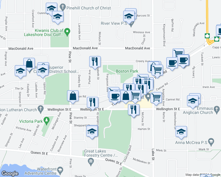 map of restaurants, bars, coffee shops, grocery stores, and more near 26 Ferguson Avenue in Sault Ste. Marie
