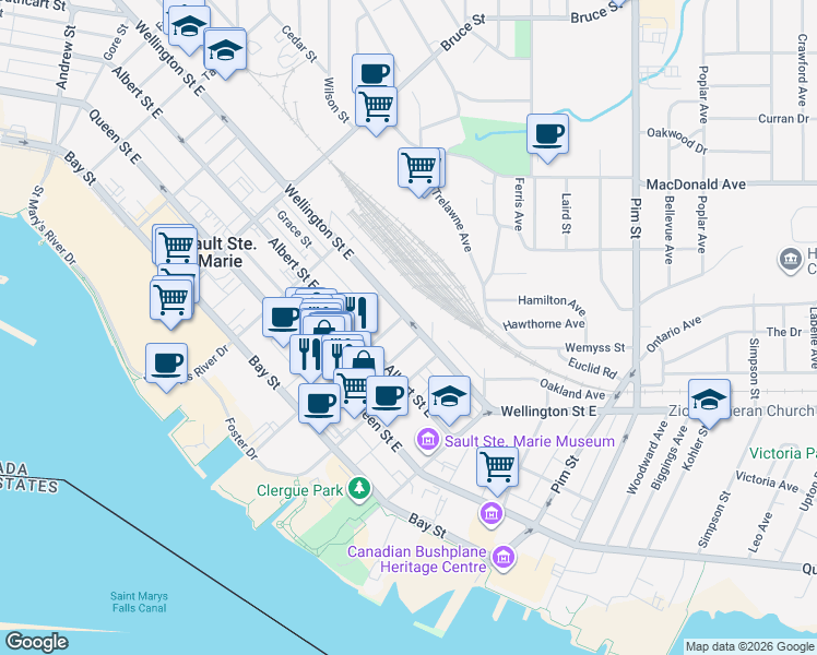map of restaurants, bars, coffee shops, grocery stores, and more near 509 Wellington Street East in Sault Ste. Marie