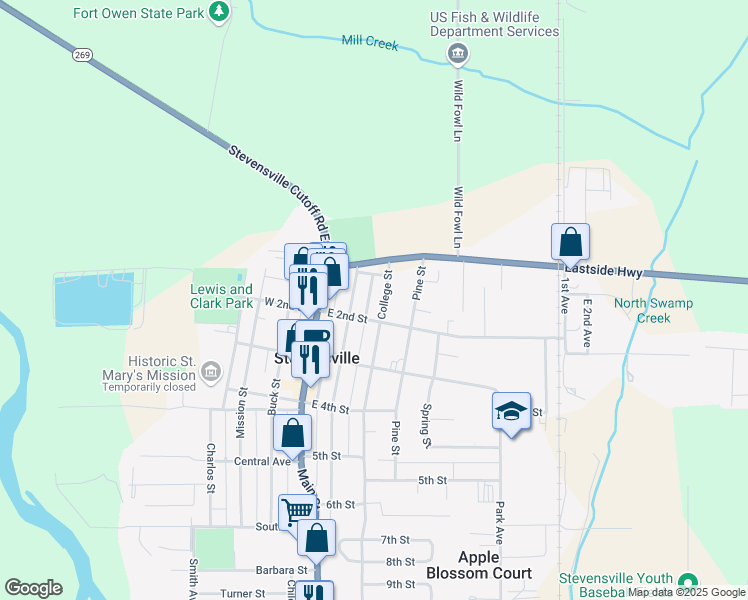 map of restaurants, bars, coffee shops, grocery stores, and more near 113 College Street in Stevensville