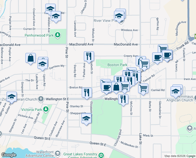 map of restaurants, bars, coffee shops, grocery stores, and more near 17 Ferguson Avenue in Sault Ste. Marie