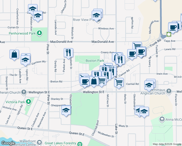 map of restaurants, bars, coffee shops, grocery stores, and more near 118 Breton Road in Sault Ste. Marie