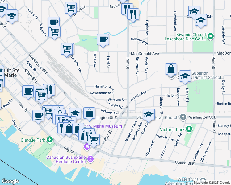 map of restaurants, bars, coffee shops, grocery stores, and more near 71 Hamilton Avenue in Sault Ste. Marie
