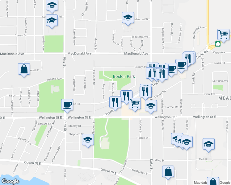 map of restaurants, bars, coffee shops, grocery stores, and more near 118 Breton Road in Sault Ste. Marie