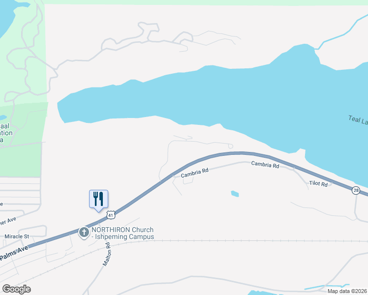 map of restaurants, bars, coffee shops, grocery stores, and more near Shoreline Drive in Negaunee