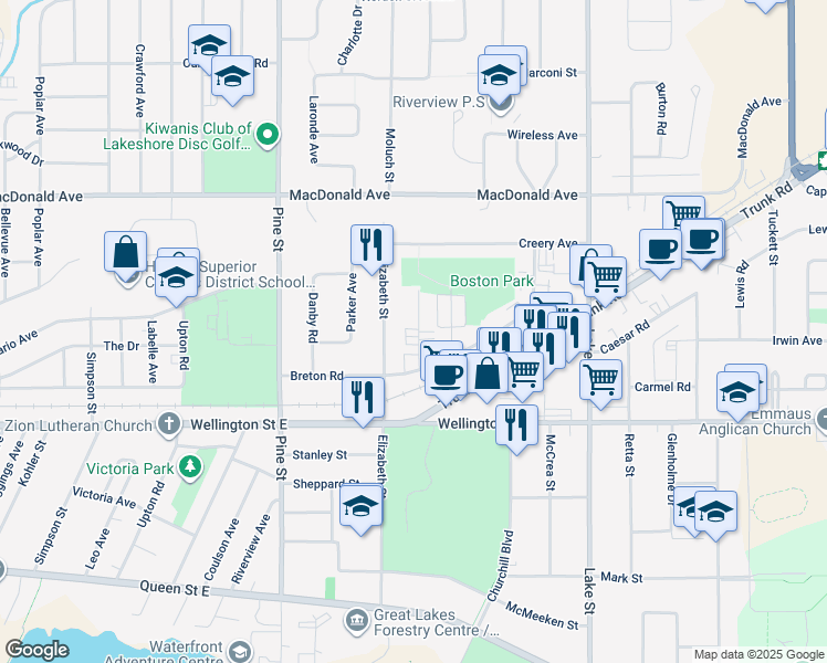 map of restaurants, bars, coffee shops, grocery stores, and more near 21 Ferguson Avenue in Sault Ste. Marie