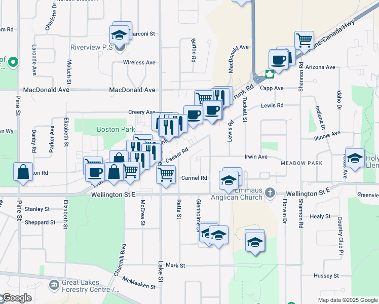 map of restaurants, bars, coffee shops, grocery stores, and more near 37 Caesar Road in Sault Ste. Marie